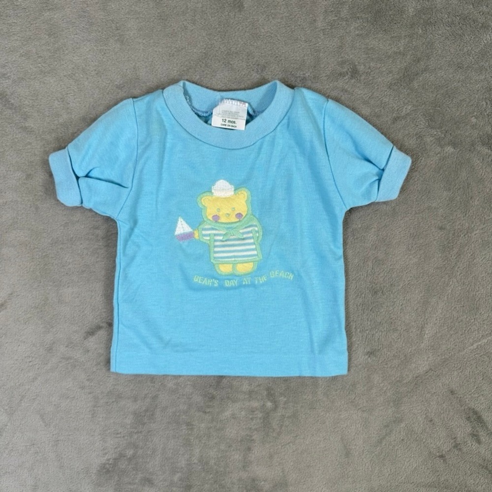 Vintage Baby Light Blue Bear Day At The Beach Embroidered T-Shirt 12 Months